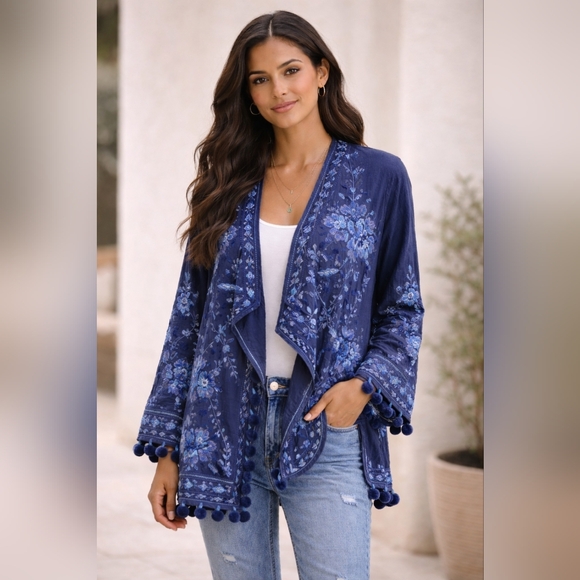 Johnny Was Sweaters - Johnny Was Navy Blue Embroidered Pom Pom Trim Open Front Jacket | Small | NWT